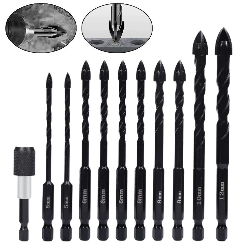 

11pcs Drill Bit Extension Rod Hex Tile Hard Alloy For Hand Electric Drill Ceramic Granite Tiles Stone Concrete Wall Power Tools