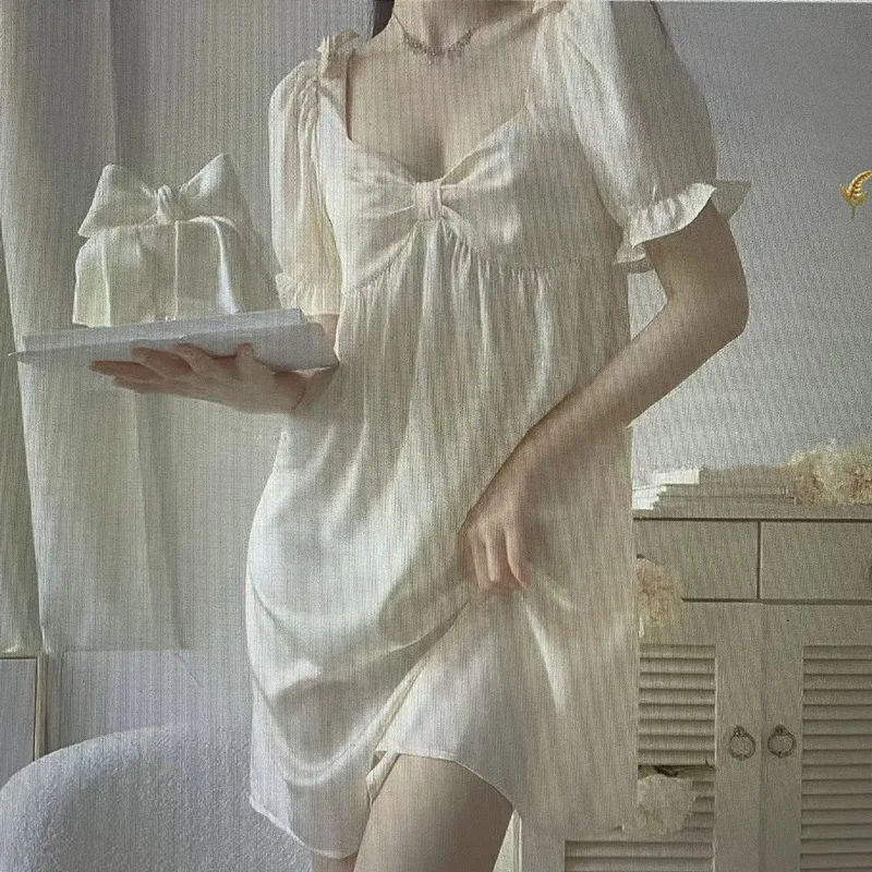 Summer Women's Silk Pajamas Solid Short Sleeve Nightdress with Chest Pad Bow Vintage Nightgown Women Sleepwear Sexy Sleepwear