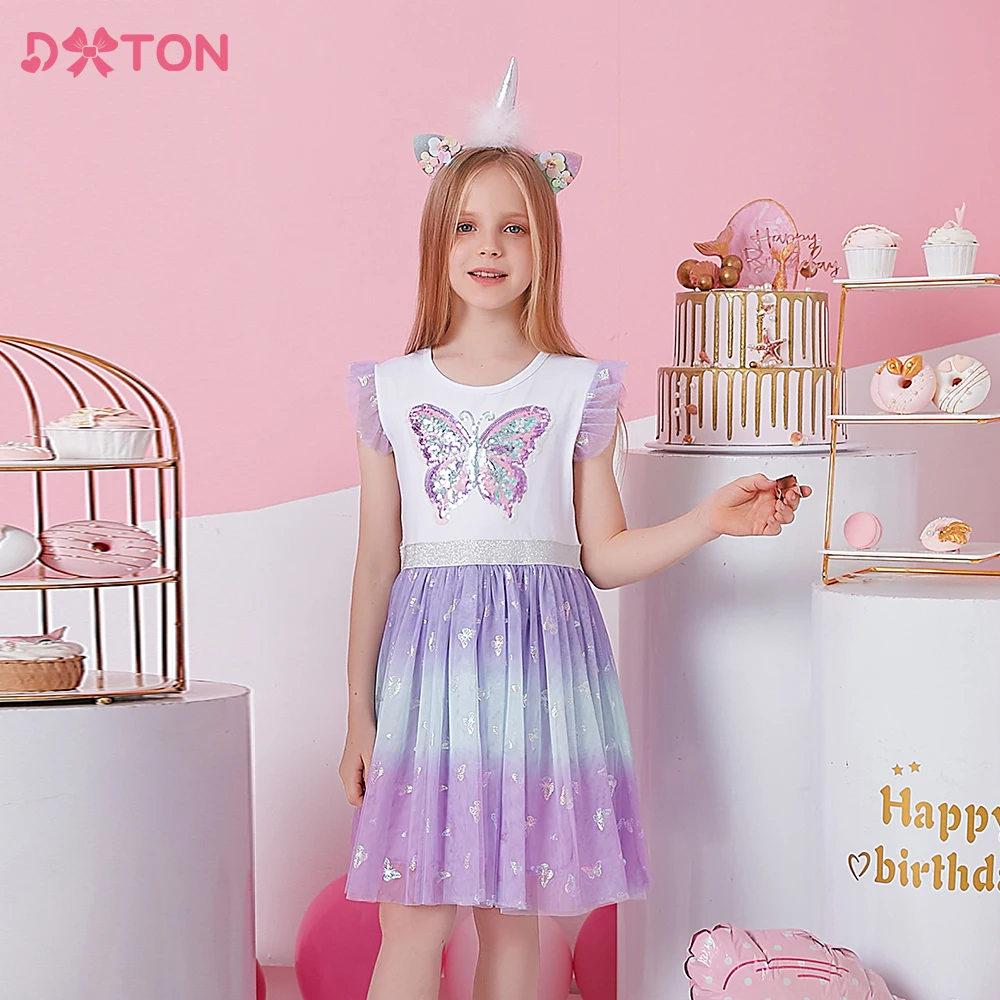 

DXTON Summer Princess Girls Dress 2020 Fly Sleeve Sequined Kids Dress For Girls Irregular Butterfly Tulle Children Party Dress