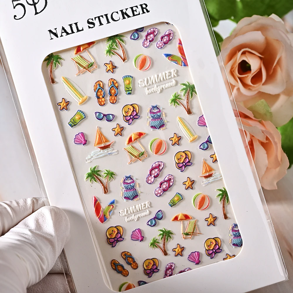 

Summer Bikini Design 3D Self Adhesive Nail Art Stickers Starfish Shell Jellyfish Nail Decals Manicure Embossed Heart Sliders