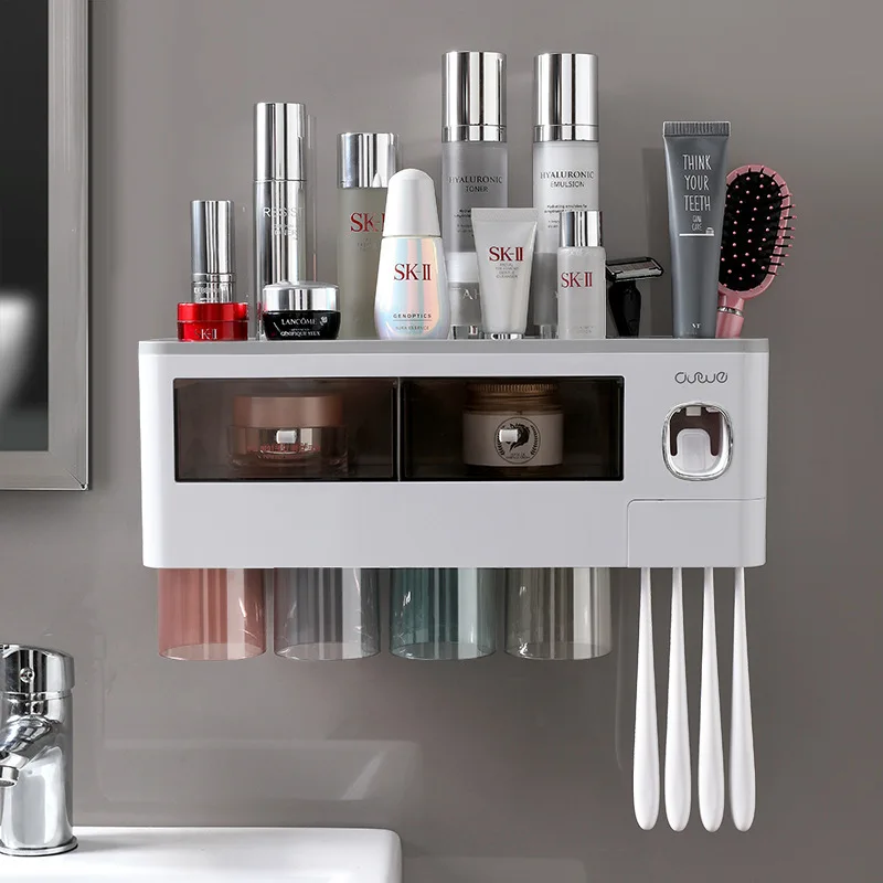 

Bathroom Cosmetic Shelf Auto Toothpaste Squeezer Dispenser Set Organizer Dust Proof Toothbrush Holder with 2 Storage Drawers