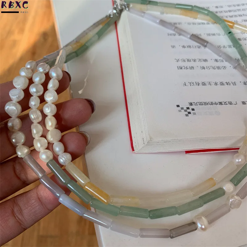 

Korean Ins Minimalist Fresh Water Pearl Jade Mosaic Necklace Bamboo Chain Personalized Neck Chain Jewelry