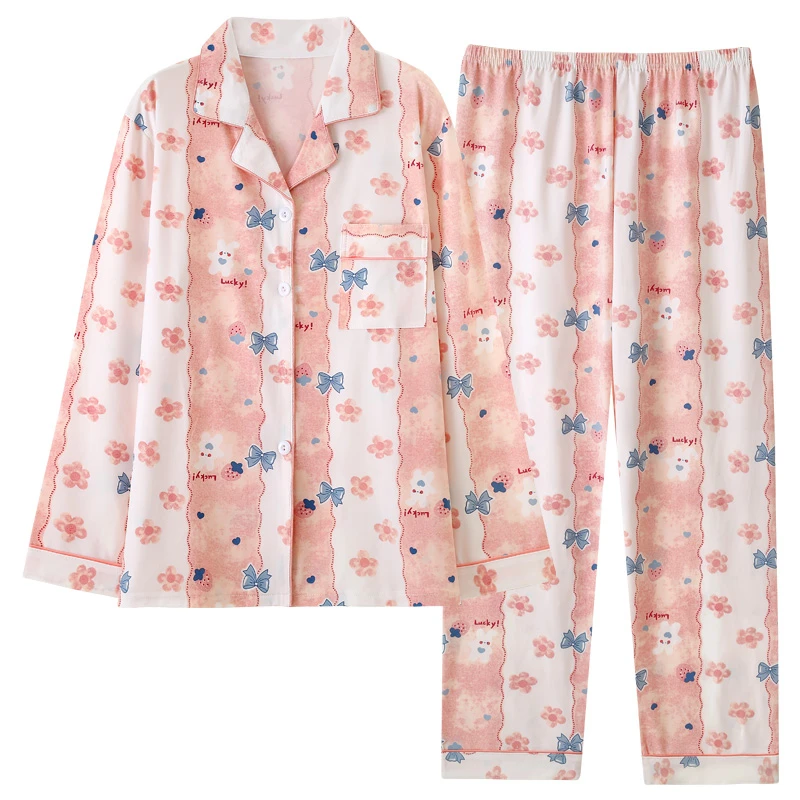 CAIYIER 2023 Cute Tulip Print Women Nightwear New Autumn Winter Leisure Pajamas Set Girls Soft Sleepwear Suit Cardigan Homewear