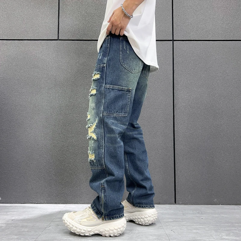 Мужские прямые джинсовые брюки с дырками в стиле ретро