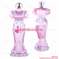 fondcosplay adult sexy cross dressing sissy maid long baby pink satin fish tail dress lockable white apron CD/TV[G2361]