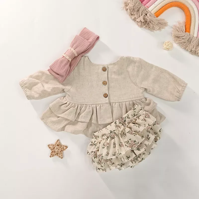 Clothes Luxury Designer For Girls Spring Soft Linen Cotton Toddler Boutique Clothing Set Long Sleeve Tops floral Bloomers