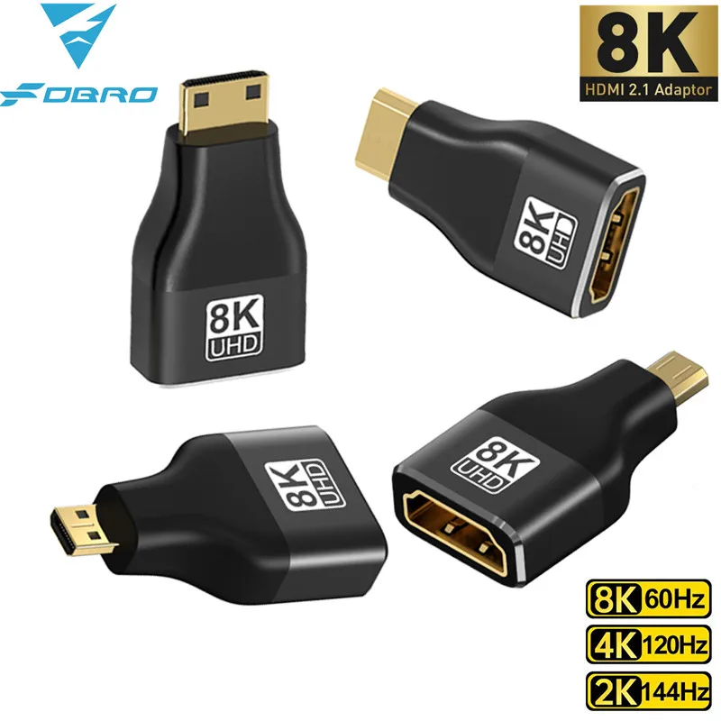 HDMI-Compatible Adapter Mini/Micro HDMI To HDMI Adapter 8K 60Hz 4K 120Hz/144Hz Male To Female Converter For HDTV Laptop PS4/3