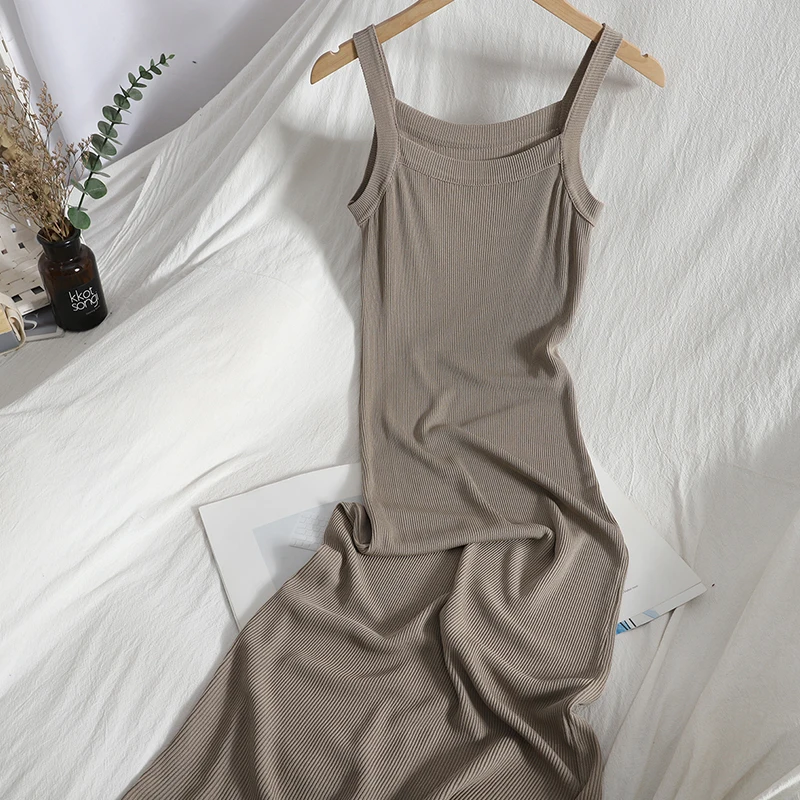 

Hikigawa Chic Fashion Woman Korean Style Solid Versatile Sleeveless Knitted Slip Dress For Women Elegant Slim Fit Vestidos Mujer