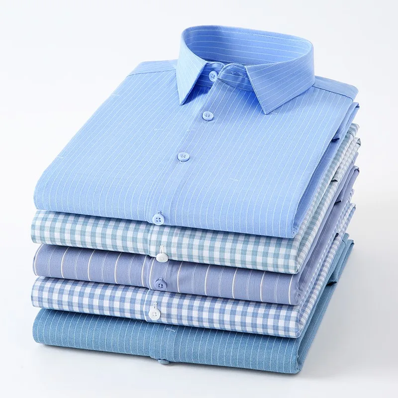 2022 Plaid Shirt Casual Business Long Sleeve Shirt For Men Slim Fit Shirt Striped Blue
