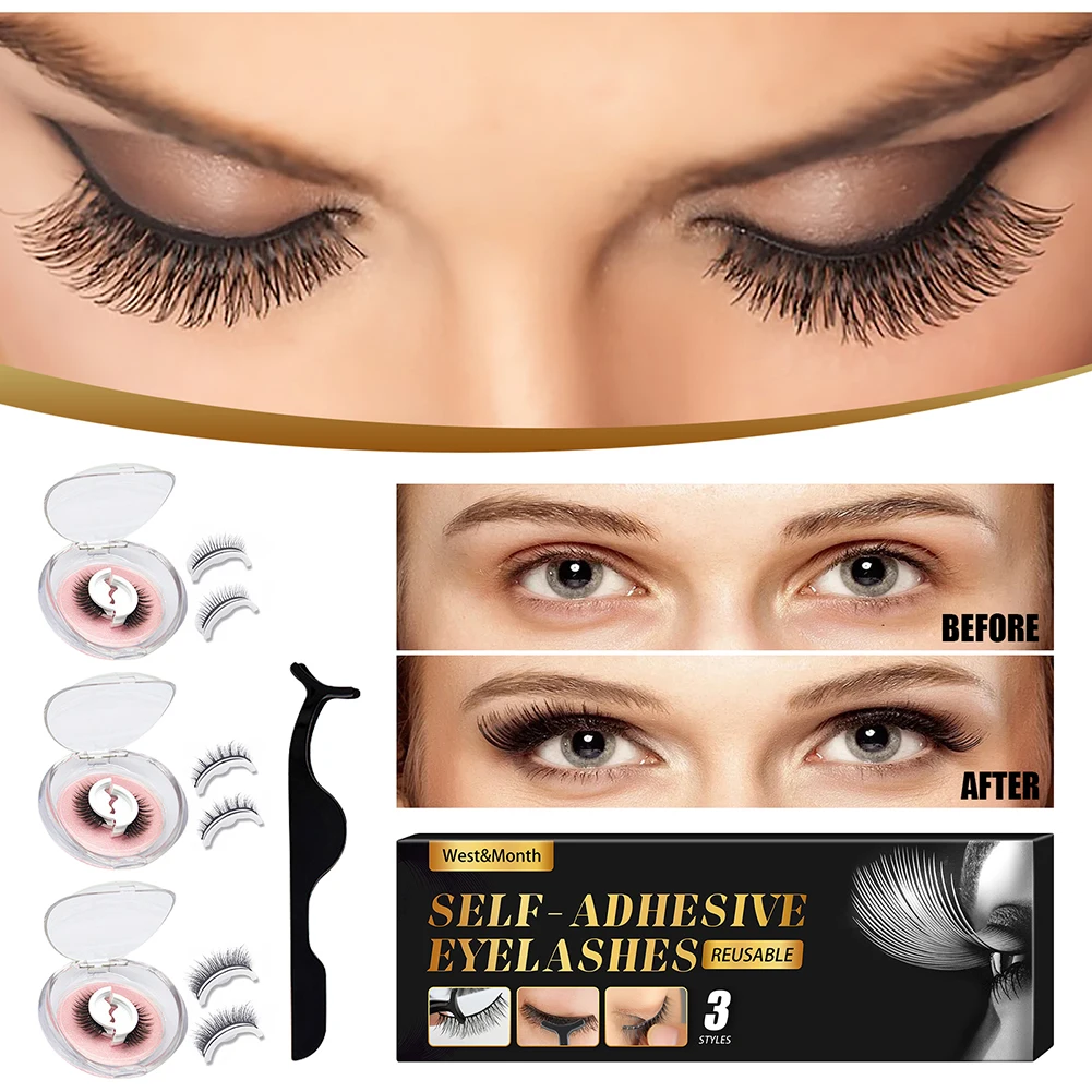 

3 Pairs Reusable Self Adhesive False Eyelashes With Tweezer Natural Fluffy Volume 3D False Eye Lashes No Glue Needed Eye Makeup