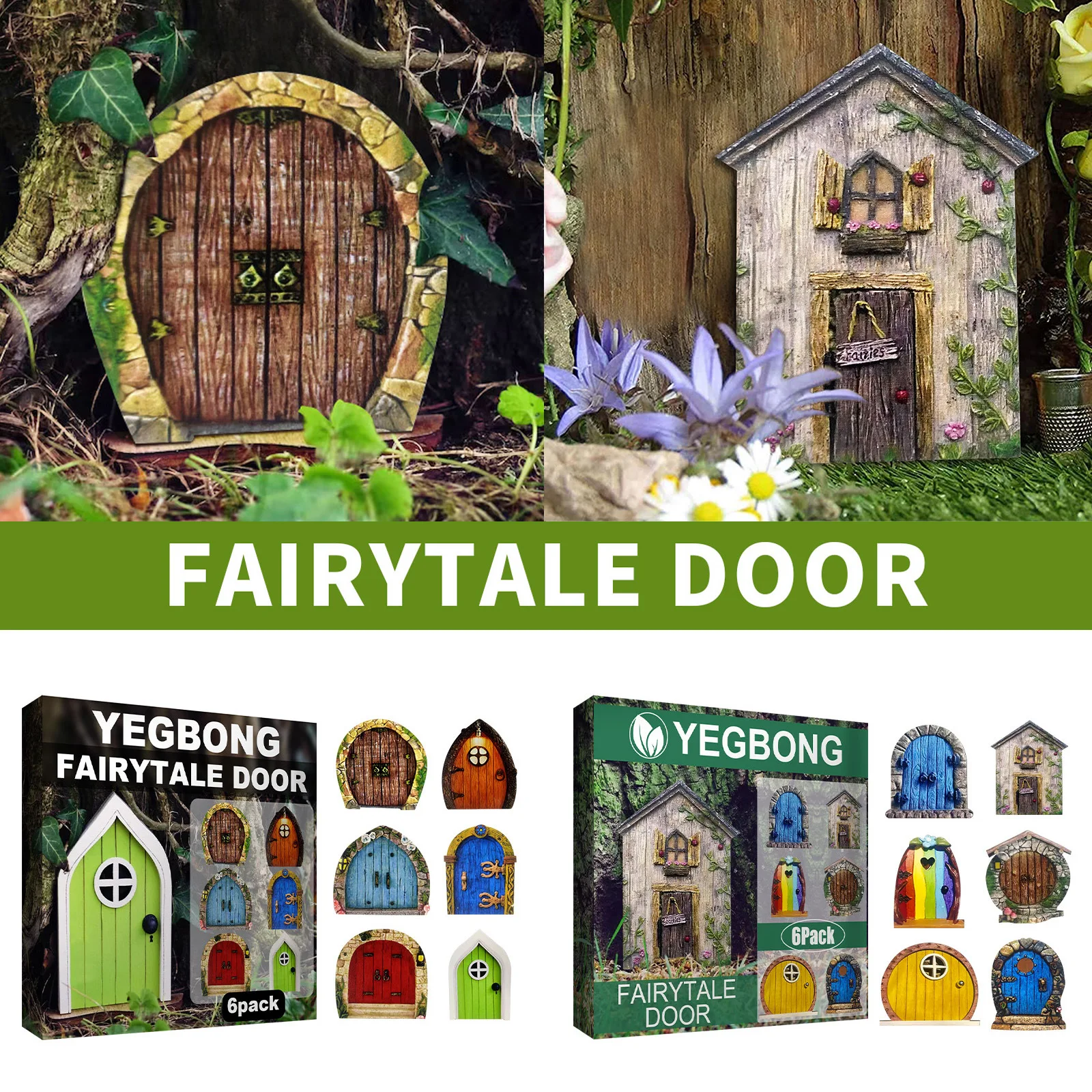 

6Pcs/set Miniature Fairy Gnome Door Window Statues Wood Elf Fairy Door Figurines for Yard Art Tree Sculpture Fairy Garden Decor