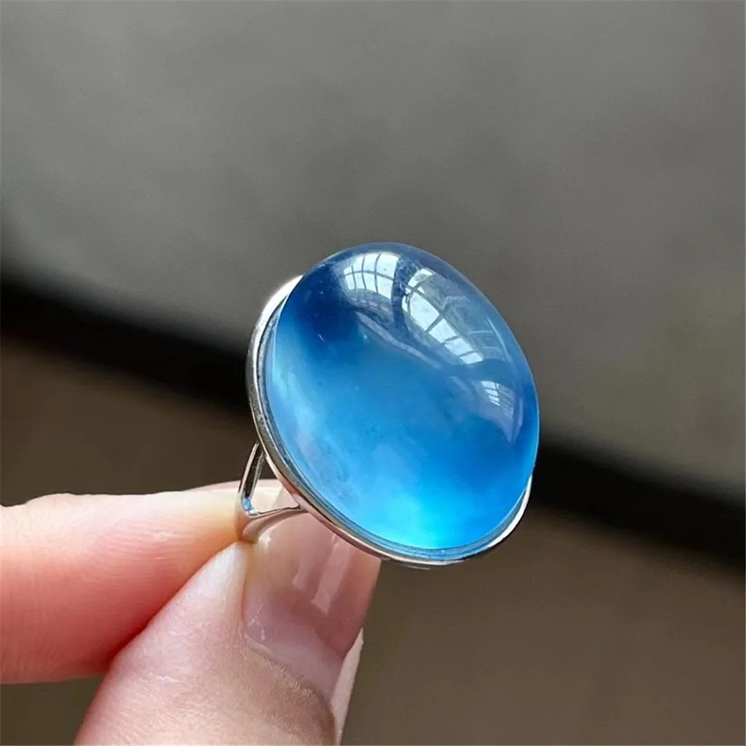 

Natural Blue Aquamarine Stone Ring Jewelry For Woman Man Luck Gift Reiki Crystal 25x20mm Beads 925 Silver Adjustable Size AAAAA