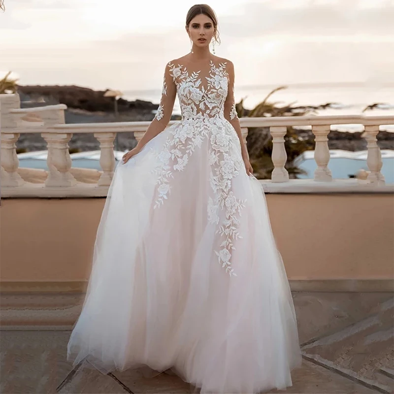 

QUEEN Simple Wedding Dresses Scoop Neck A-line Appliques Bridal Gowns Floor Length Buttons Custom For Women Vestidos De Noiva
