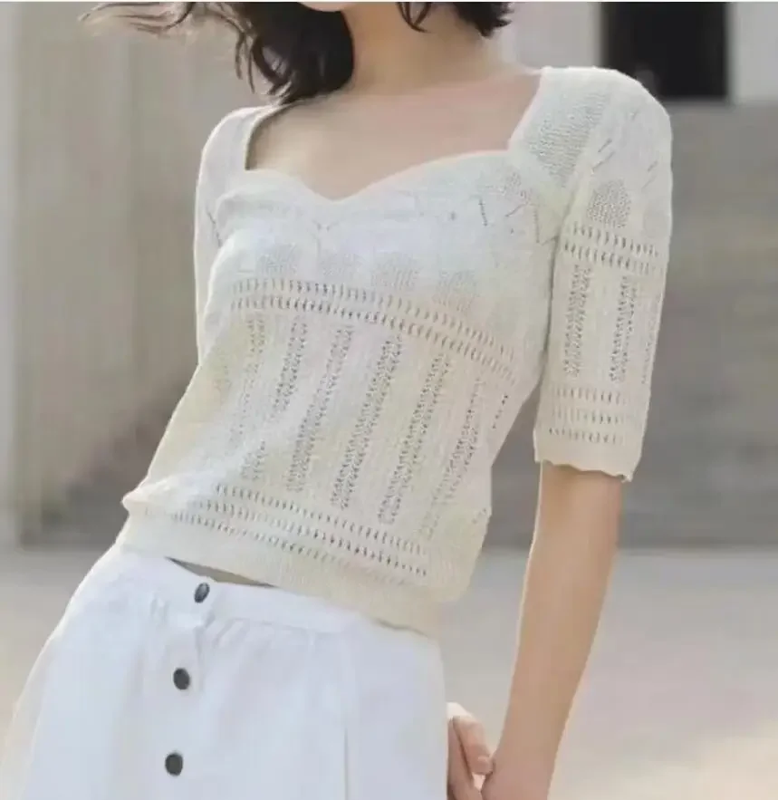 Женский вязаный тонкий свитер футболка с коротким рукавом элегантный женский