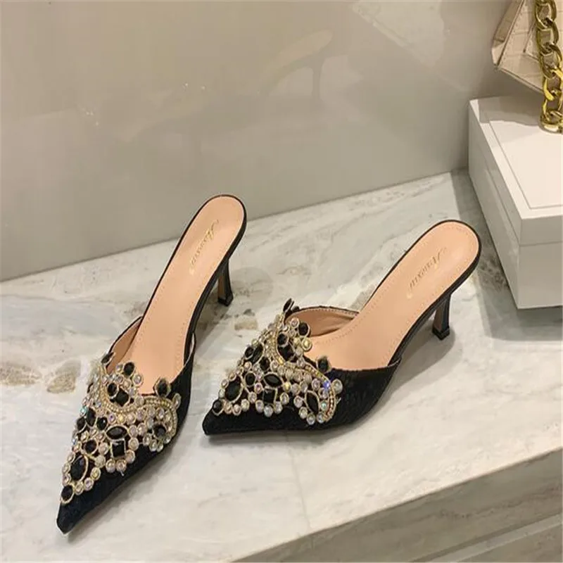 2023 NEW Spring/Autumn Fashion Women Pointed Toe Pumps PU Thin Heels Retro Appliques Mules Polka Dot Party Slip-On Black