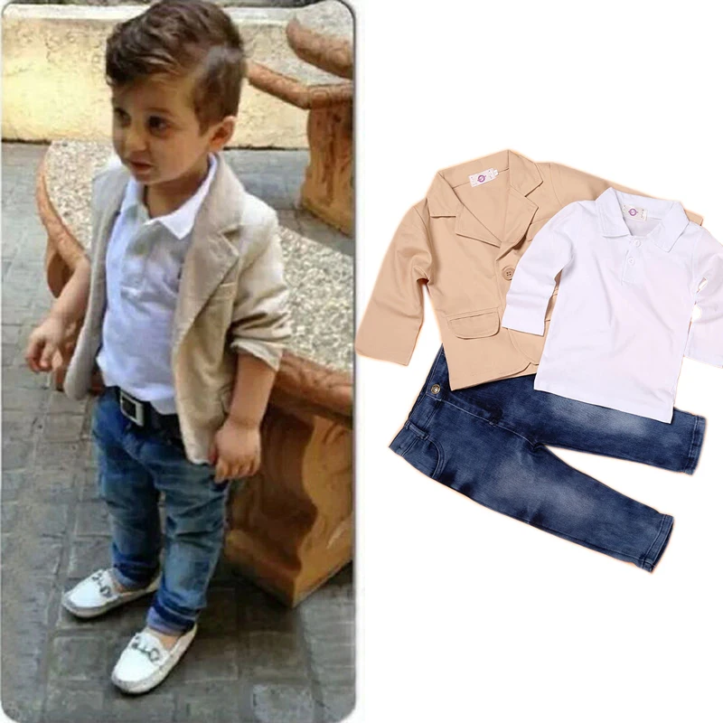 

3 Pieces Suits Gentleman Boys Set kids Long Sleeve Leisure Suits Children's Spring autumn For Wedding Suit jeans, lapel T-shirt