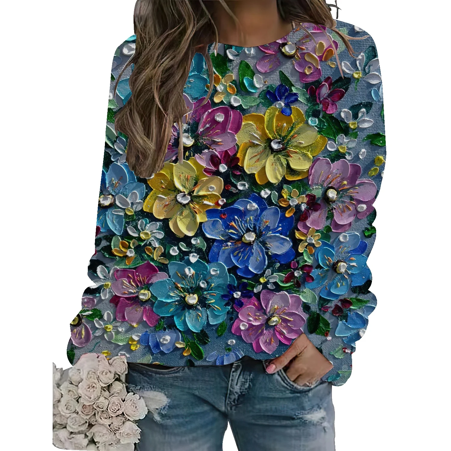 

American floral fashion wild round neck sweater autumn and winter new terry thick loose casual vibe wind top