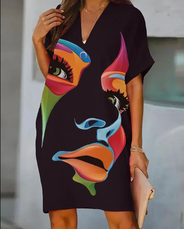 

Summer Women's 2022 New Fashion Abstract Figure Print Casual Dress Polyester Straight Basics Casual V-Neck Short Sleeve Shirt