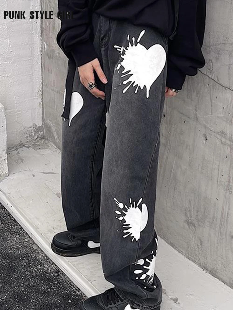

Cute Alt Heart Print Jeans Hip-hop Printing Tide Casual Denim Wide Leg Pants High Waist Baggy Hippie Y2k Woman Cyber Trousers