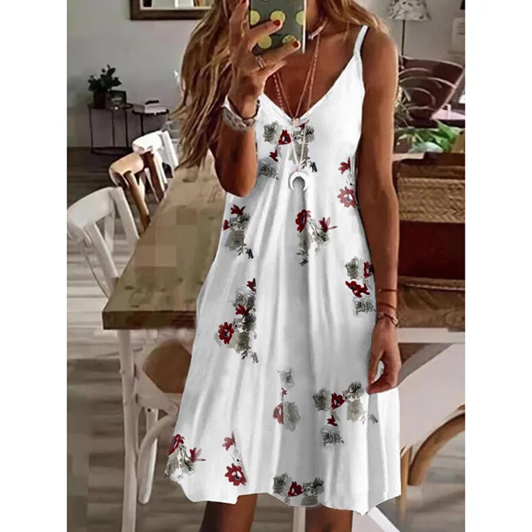 

2022 Summer Cotton Women's Dress White V-neck Spaghetti Strap Print Loose Dresses Female Fashion Casual Beach Ladies Clothes