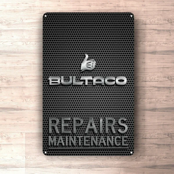 

Flat Metal Poster Tin Sign (Not 3D) - Bultaco Repairs Maintenance Sign Metalsign for Garage, Man Cave