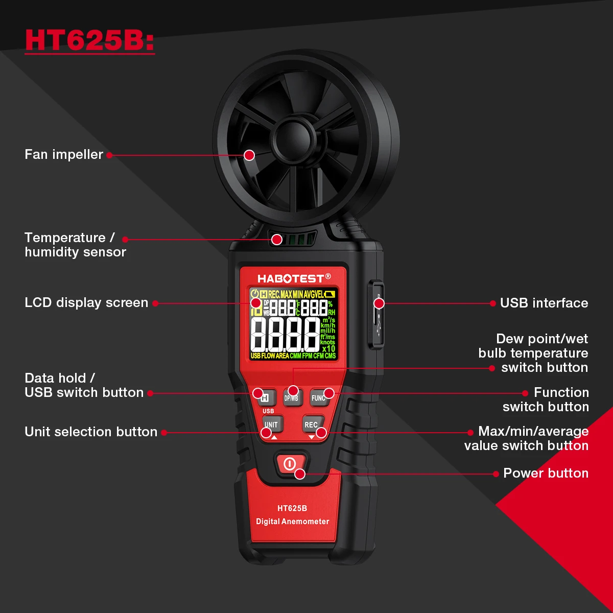 Цифровой анемометр HABOTEST HT625 измеритель скорости ветра и объема воздуха