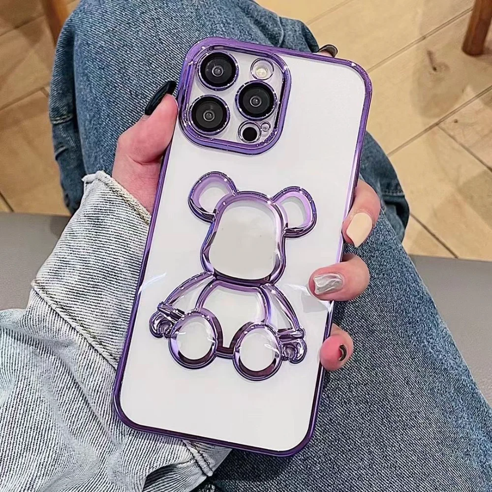

Cute Cartoon Bear Plating Case for iPhone 13 14 Pro Max 12 11 Transparent Glass Camera Film Protector Cover for iPhone 14 Plus