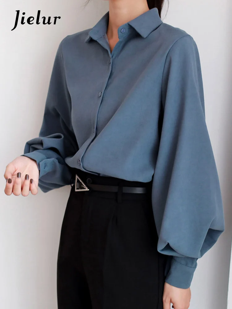 

Женская винтажная блузка Jielur, рубашка с отложным воротником и рукавами-фонариками, белые топы, рубашка с длинным рукавом, черная, весна-осен...