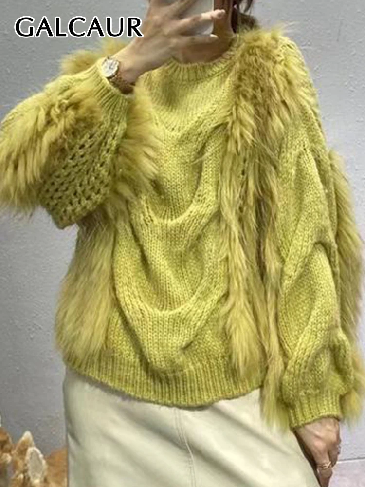 

GALCAUR Patchwork Raw Hem Sweater For Women Round Neck Long Sleeve Korean Knitting Solid Oversize Pullover Sweaters Female New