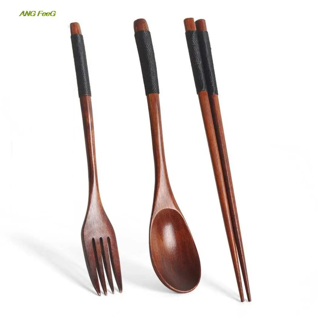 

3pcs Wooden Flatware Set Wooden Portable Set Chopsticks Spoon Fork Tableware For Porridge/ Soup/ Coffee Dinnerware Sets