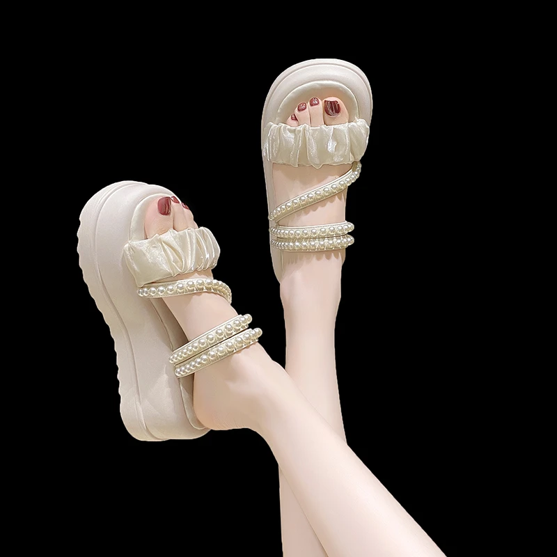 Women Pearl Wedge Sandals Summer 2023 Chunky Platform Slippers for Woman Thick Bottom Beach Flip Flops Gladiator Sandalias Mujer