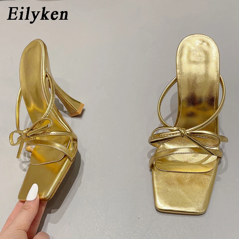 

Eilyken Summer Sexy Square Toe Butterfly--knot Slippers New Design Women Slip-On Gladiator Slides Shoes Apricot Black Gold
