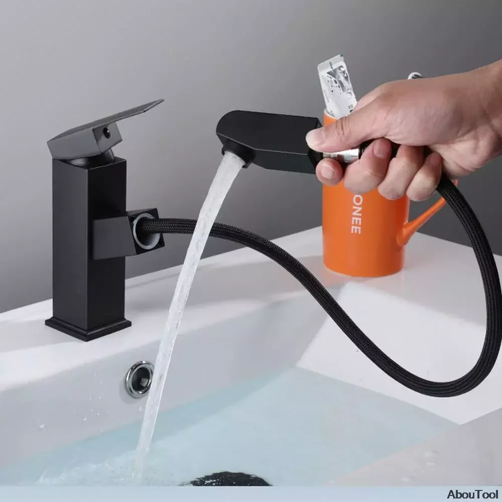 

Hot Cold Water Faucet Black Bathroom PullOut Tap Adjustable Mixer Basin Faucet Single Spray Sink torneira para cozinha de parede