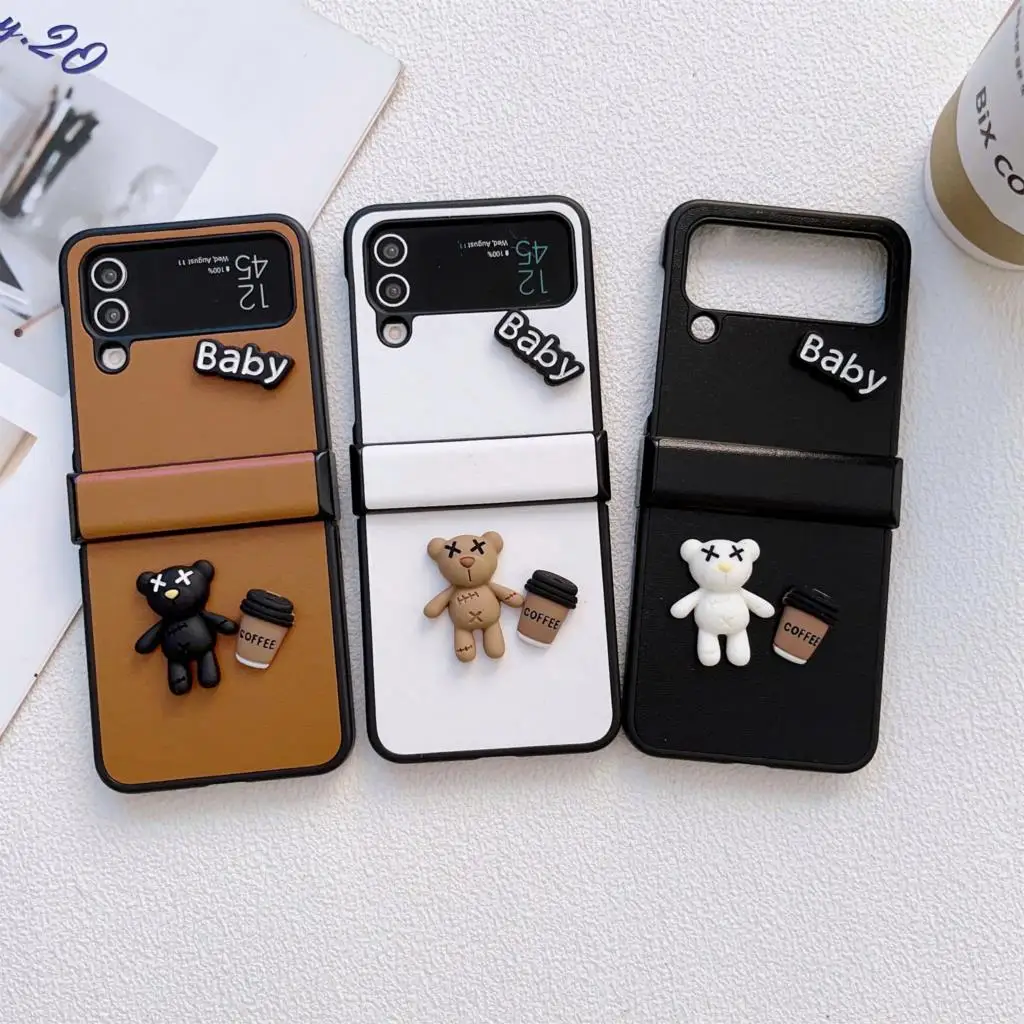 

Korean Cute Cartoon 3D Bear Baby Patch Leather Phone Case for Samsung Galaxy Z Flip 4 5G Z Flip3 Zflip3 Cover Capa Fundas