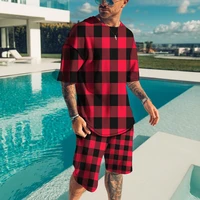 new men sets 3d tracksuit fashion clothes for man striped grid casual summer short sleeve t shirtshorts 2 piece male tshirt set