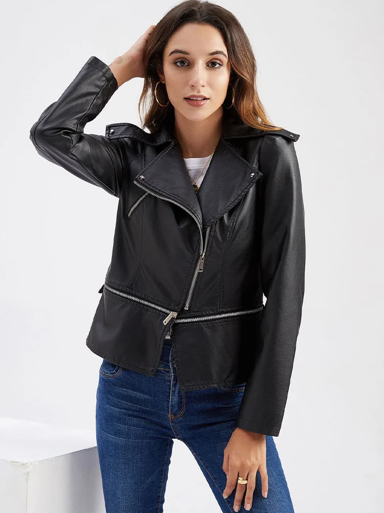 

Women's Bomber Jacket Spring And Autumn Punk Imitation Leather Jacket Detachable Solid Color Long-sleeved Lapel Locomotive Wind