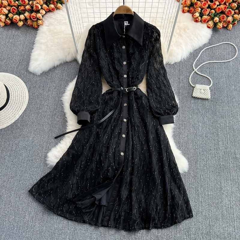 

Women's Solid Color Dress 2023 Autumn Winter Female Turn-Down Collar Mid-Length Lantern Sleeve Office Lady Elegant Dresses
