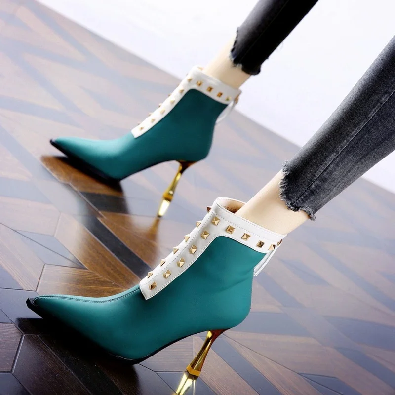 

Autumn Winter New Fashion Knight Boots Pointed High Heel Ankle Boots Stiletto Short Tube Rivet Single Boots Sexy Women's Boots