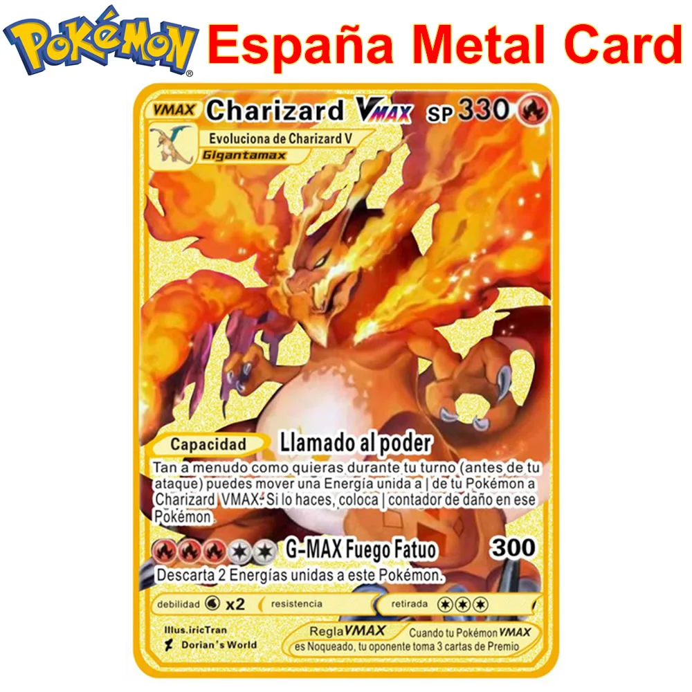 

Spanish Pokemon Metal Cards España Pokémon Letters V VMAX Charizard Pikachu Collection Gold Iron Card GX Original Game Toy Gift