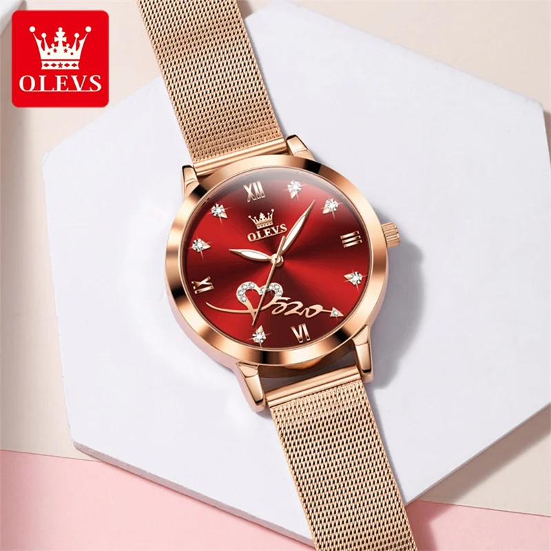 OLEVS Rose Gold Red Heart Dial Women Watches Luxury Watch For Women Fashion Casual Women's Bracelet Watches Waterproof Ladies