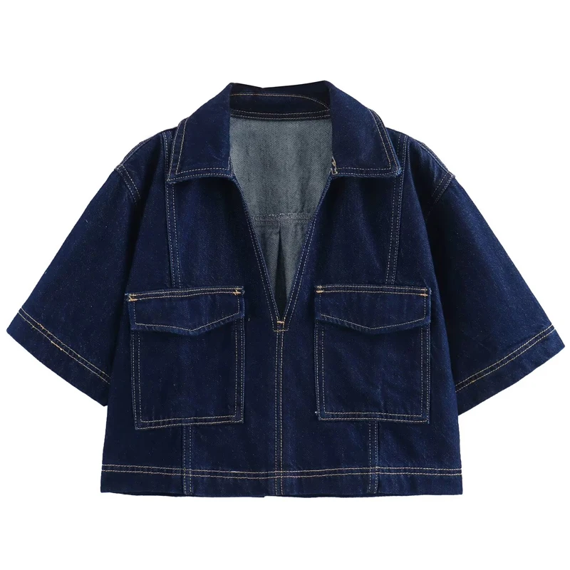 Женская однотонная джинсовая блузка с коротким рукавом от HXAO повседневный