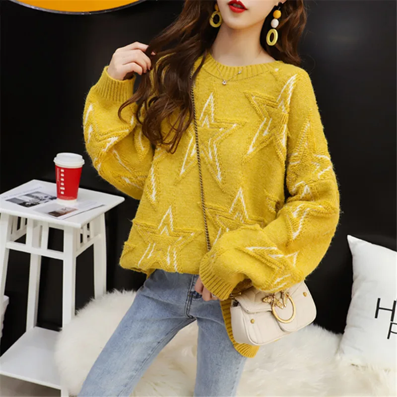 

Spring Fashion Blue Beige Yellow Knitted Sweater Women Loose Short Frayed Pullover Knitwear O-Neck Long Sleeve Knit Tops Female