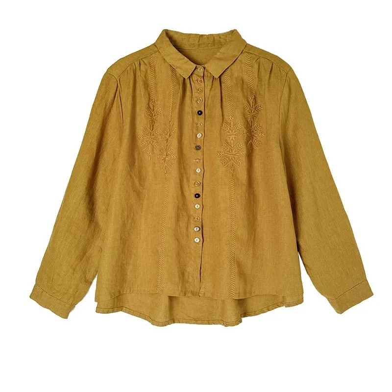 Стильная утягивающая рубашка с длинными рукавами и вышивкой женская свободная