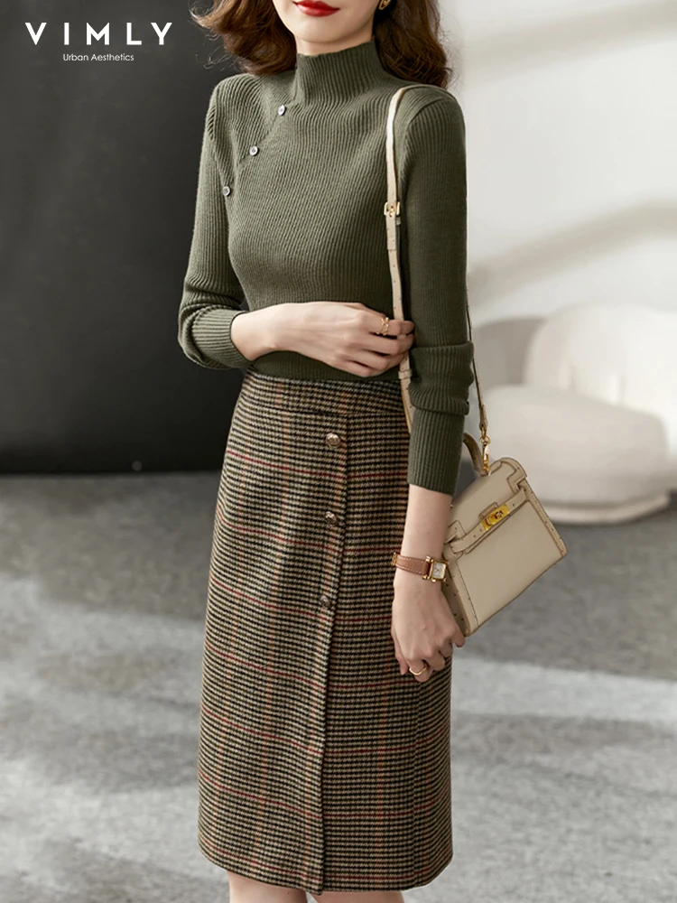 Vimly Knit Sweater Plaid Wool Blend Skirt Set for Women Korean Fashion Ladies Slim Two-piece Skirt Suit Winter Clothes V6920