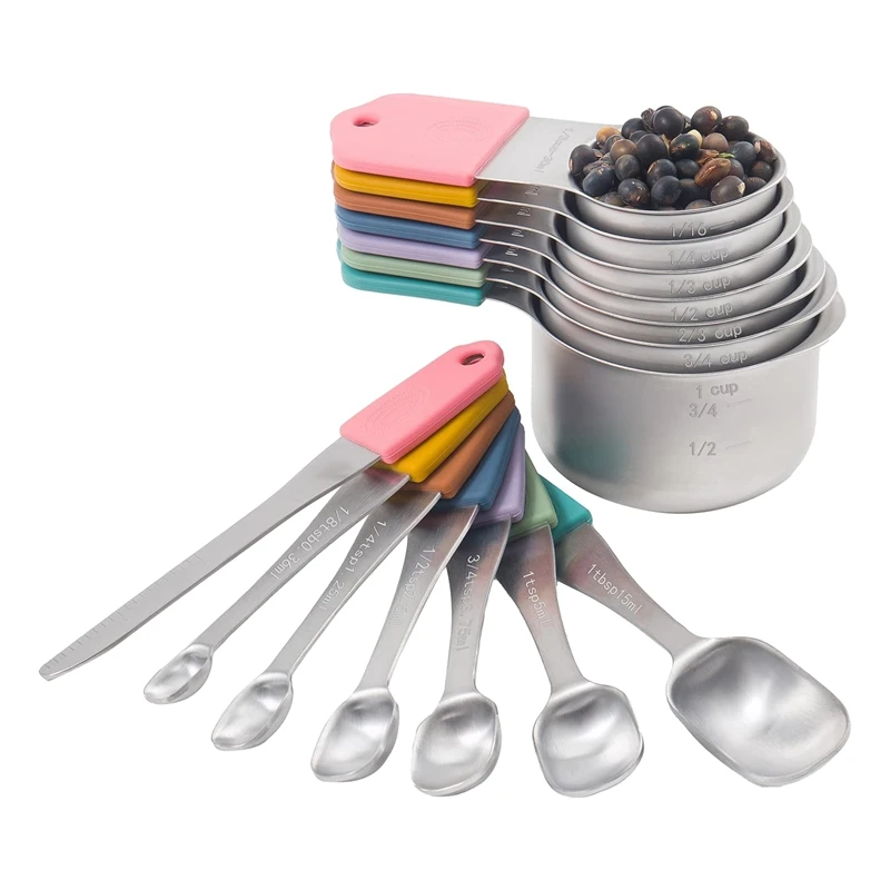 

Measuring Cups And Spoons Set 14 Pcs,Includes 13 Stainless Steel Measuring Spoons And Cups & 1 Leveler ,Cooking & Baking