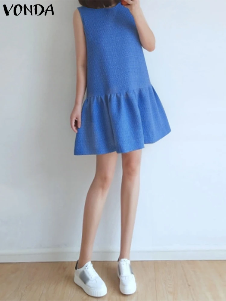 

Women Summer Sundress Sexy Ruffle Dress Vintage Solid Color Tank Vestidos 2023 VONDA Beach Holiday Mini Dress Casual Robe Femme