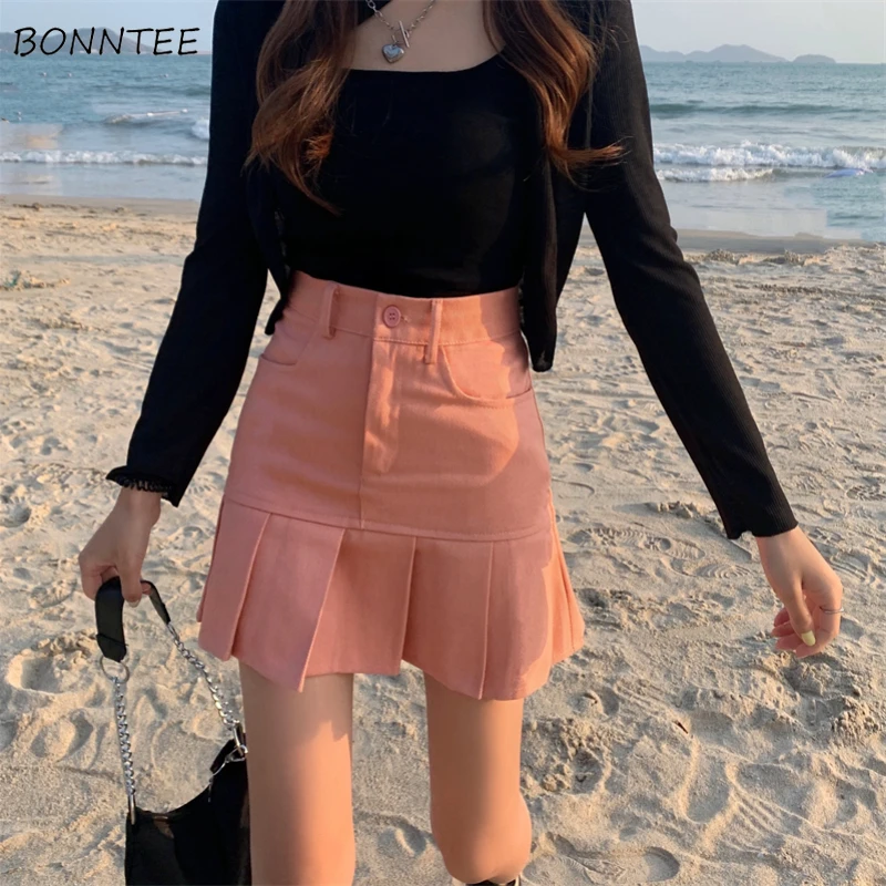 

Denim Min Skirts Women Pleated High Waist Summer Simple Fashion All-match Popular Korean Style Pink Solid BF Leisure New Design