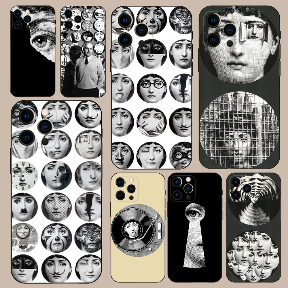 Face Art P-Piero F-Fornasetti Phone Case For iPhone 16 15 14 13 12 11 Pro X XS Max XR Plus Mini Soft Black Cover