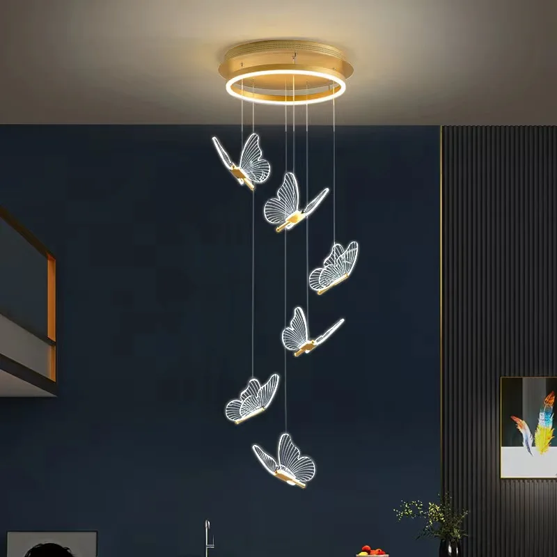 

Modern duplex staircase, living room, butterfly flying long chandelier, dining room chandelier, master bedroom lamp