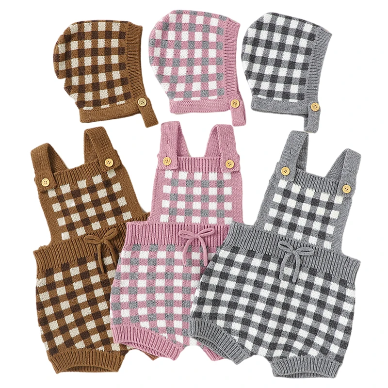 Newborn Clothes 2022 New Baby Boys Girls Plaid Suspender Knitted Jumpsuit+ Hat Outfit  Infant Knit Overalls Toddler Clothing